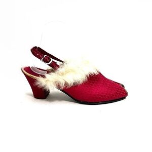 Vintage 1930s deadstock red brocade fox fur Cuban heel peep toe slingbacks